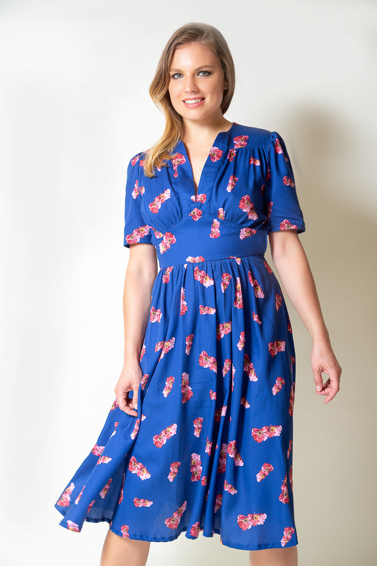 Blue Cotton Dress Printed in Poppy Flowers