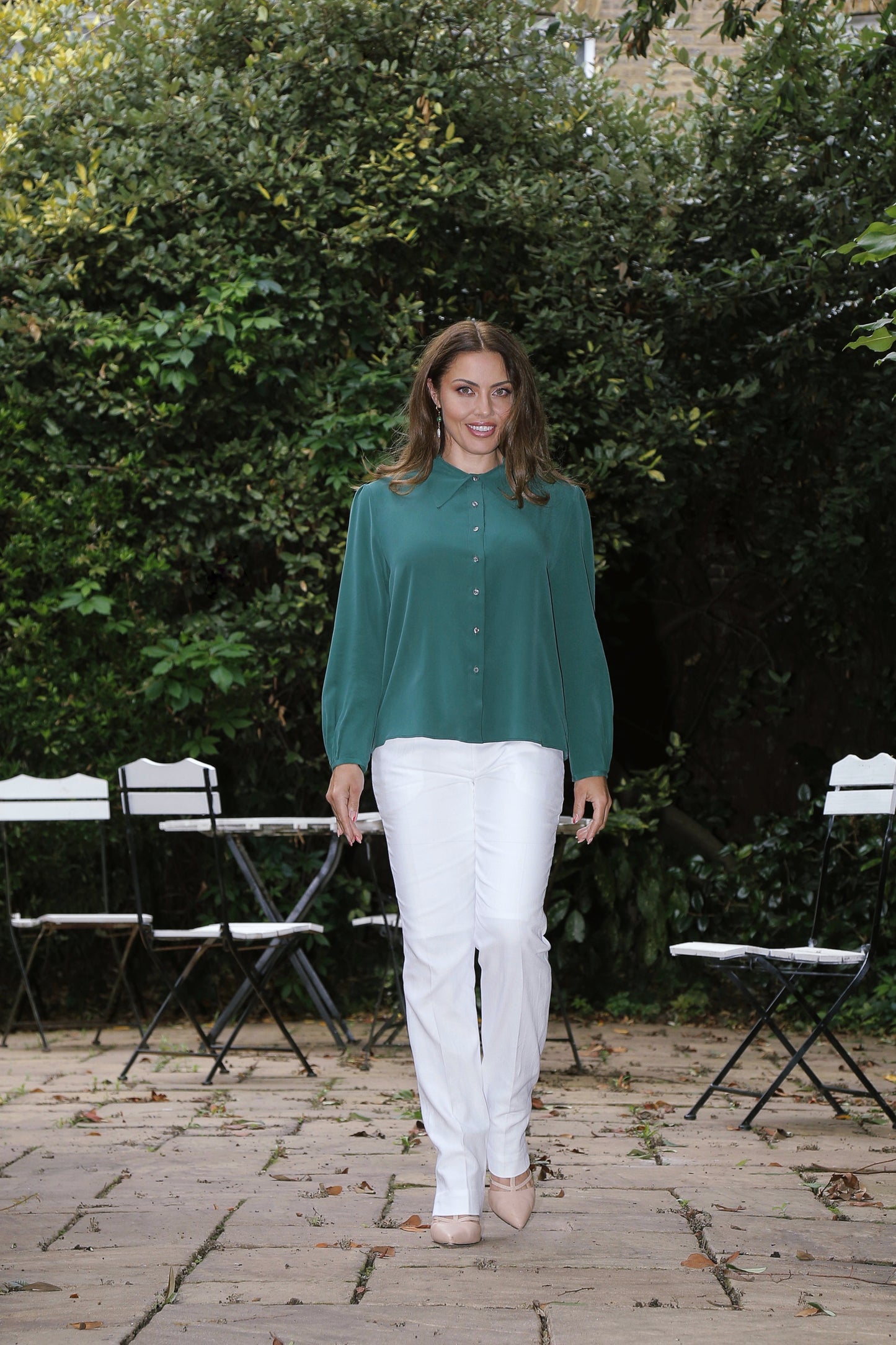 Green Silk Blouse Pearl buttons