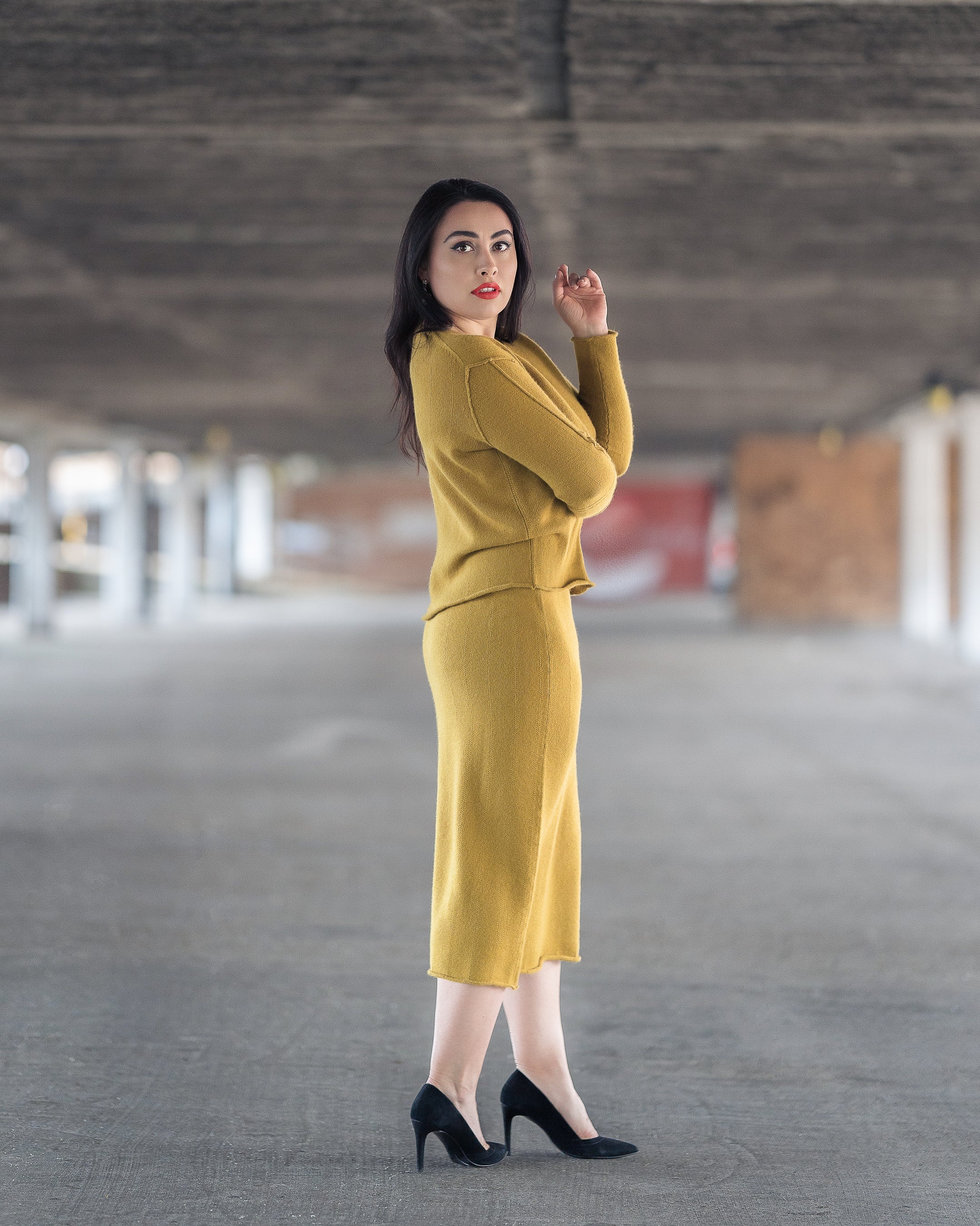 Mustard Yellow Blue Cashmere Skirt Suit